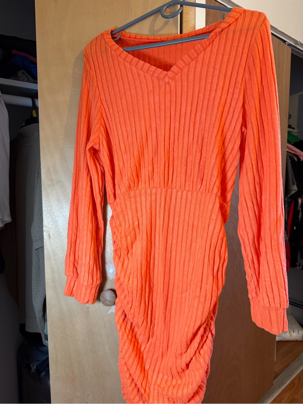Vibrant Orange Ribbed Long-Sleeve Dress